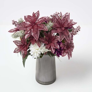 Set of 2 Artificial Red  White Glitter Poinsettia Bouquets