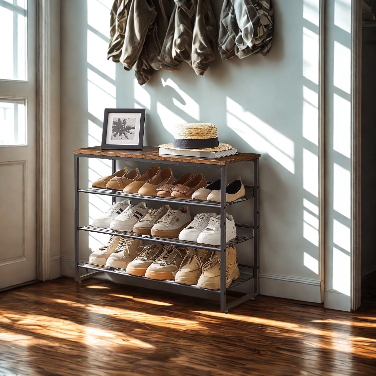 Shoe Racking Hallway 4-Tier Hallway Shoe Rack Storage With Adjustable Mesh Shelves