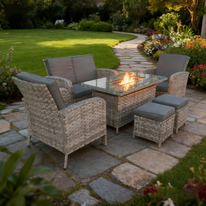 6 Person Rattan Garden Set with Fire Pit Table