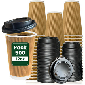 12oz Disposable Paper Coffee Cups with Black Lids