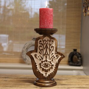 Mango Wood Hamsa Candle Stand Small Durable Hand Carved Decor