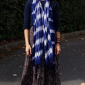 Boho Java Art Indigo Stripes Scarf - 62x200cm Linen Rayon Wrap
