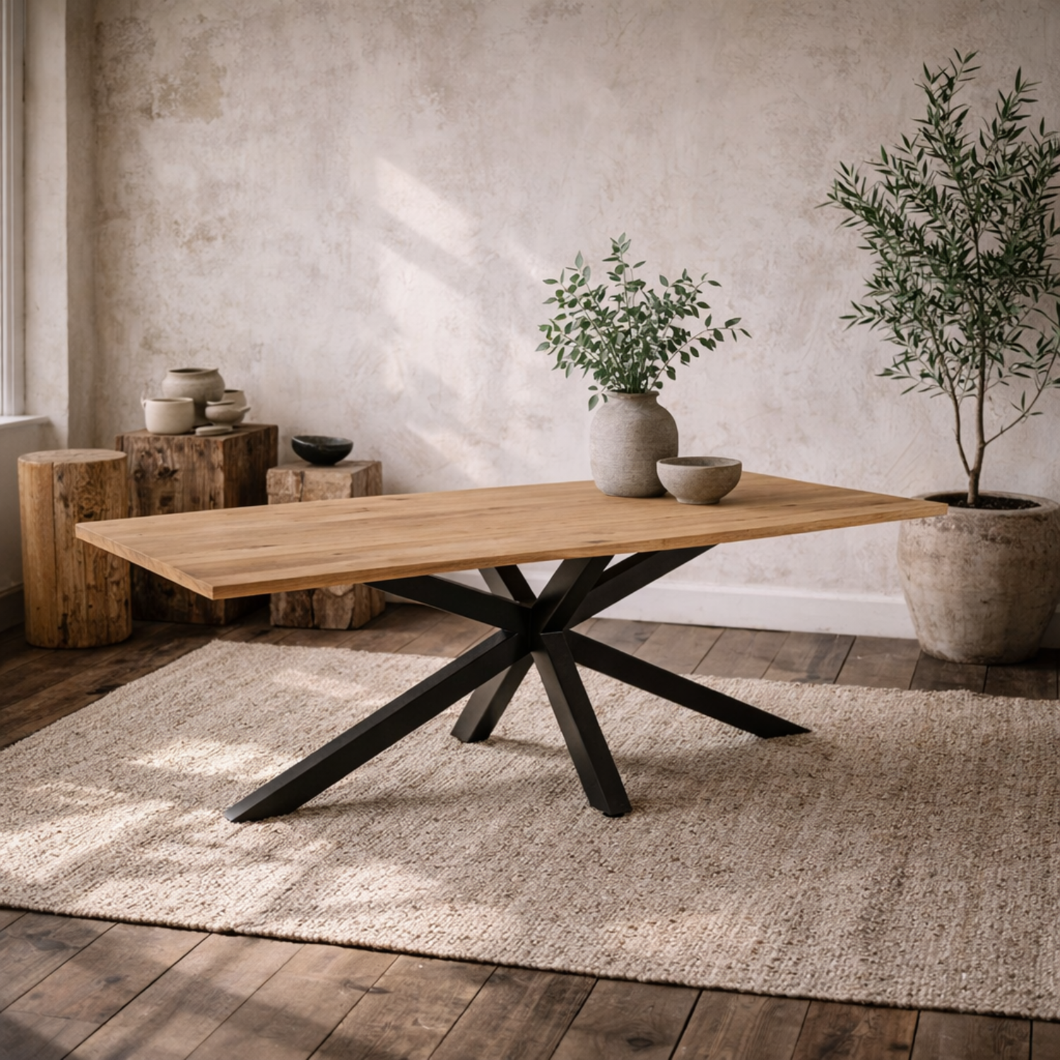 Perth 220cm Oak Veneer Rectangular Dining Table with Black Metal Legs - Natural