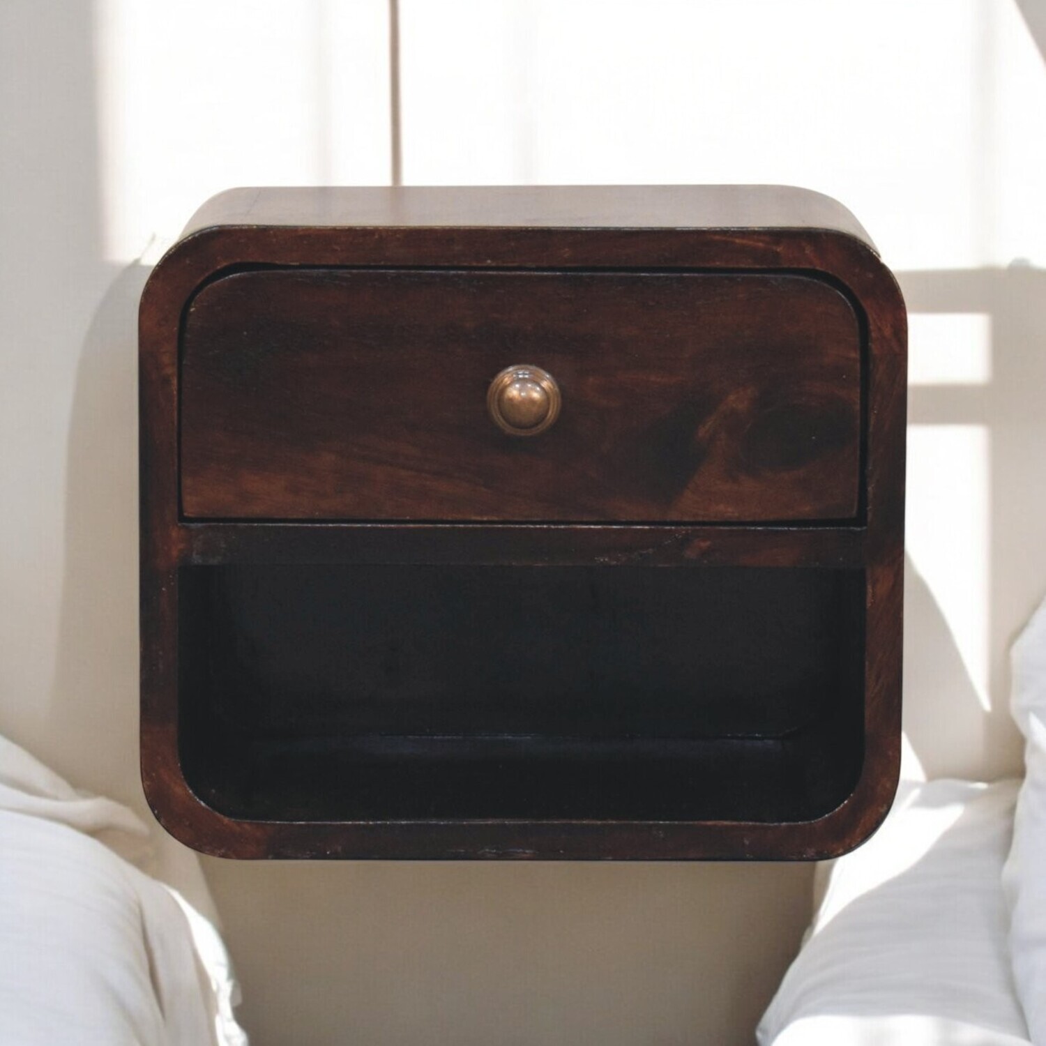 Solid Wood Mini Curved California Walnut Wall Mounted Bedside with Open Slot - Brown
