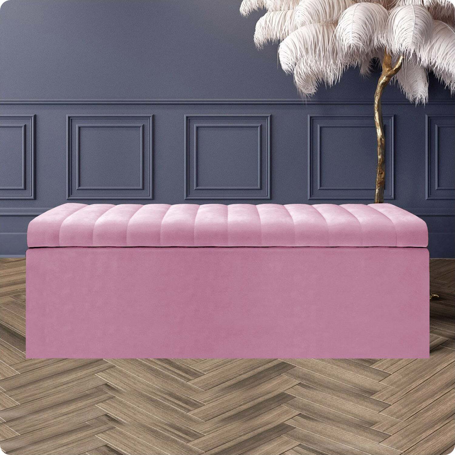 R&M Furnishers Safar Ottoman Storage Box, Plush Velvet Striped Upholstered Blanket Chest, End Of Bed Bench - Pink Plush Velvet