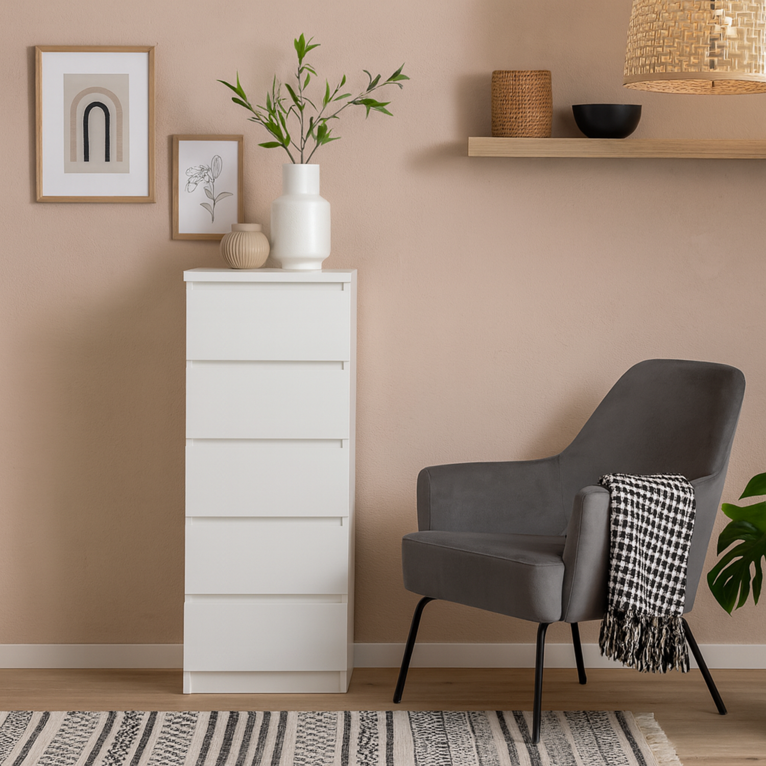 Budapest 5 Drawer Narrow Gloss Chest of Drawers - White