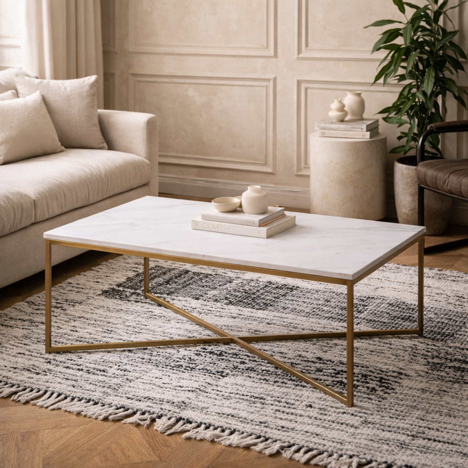 Wyld Haus Vodskov Coffee Table Marble Top Brass Metal Base - White