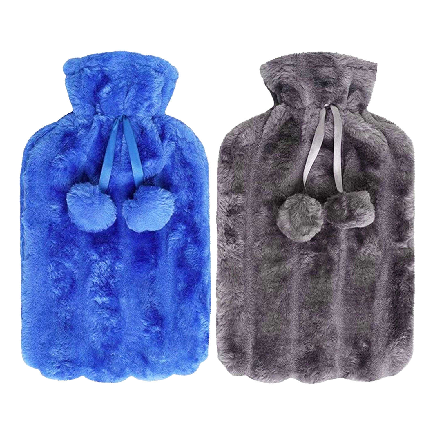 K Collection Pom Pom Hot Water Bottle And Cover (Pack Of 2) - Blue/Grey