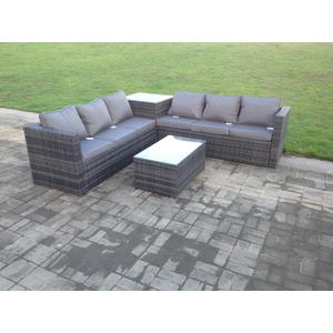 Grey Rattan Corner Sofa Oblong Coffee Table Patio Cushions