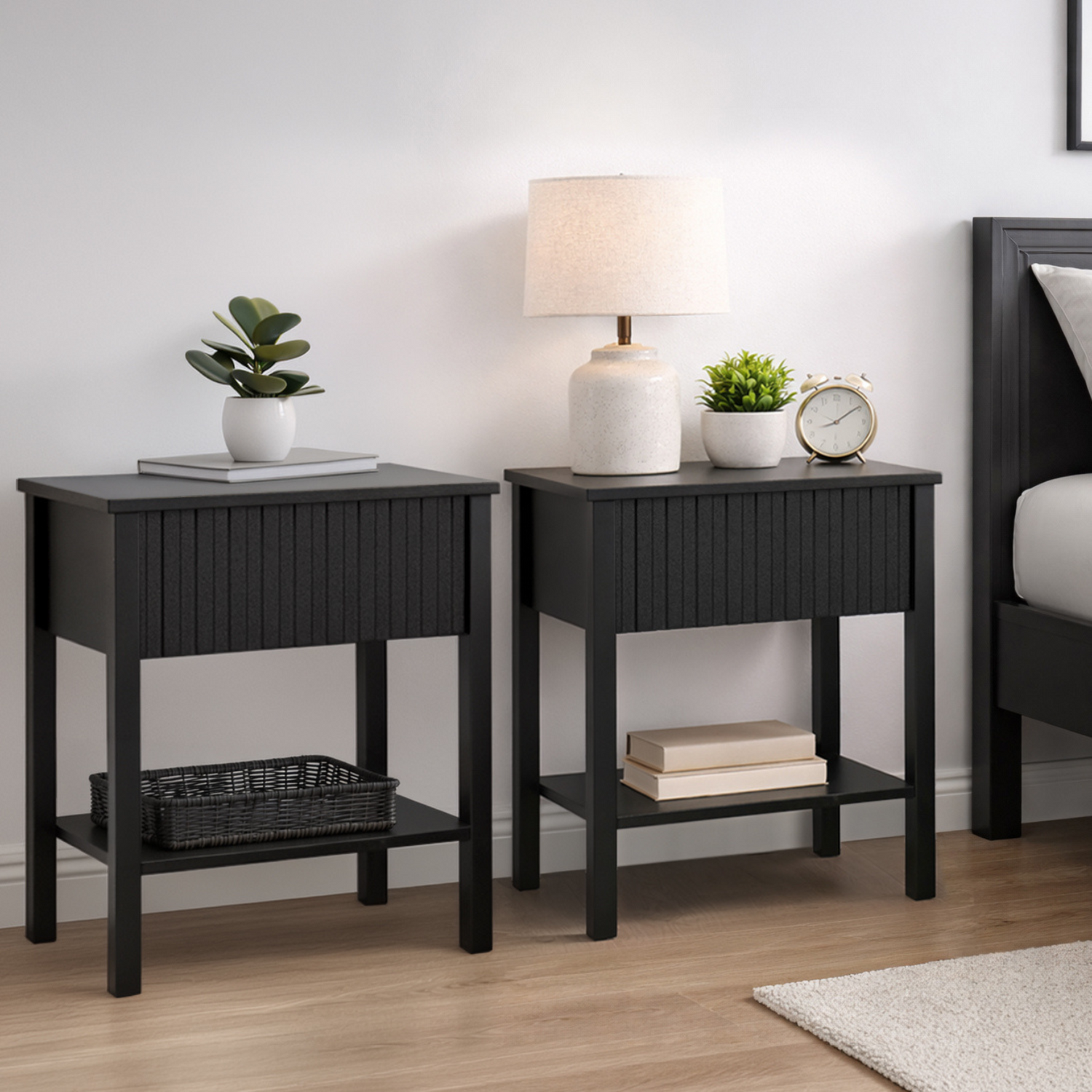 Birlea Pair Of Axis 1 Drawer Fluted Bedside Cabinet Chest Table Black - Black