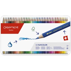 Caran d'Ache Fancolor Aquarelle 40 Water-Resistant Colour Pencils, Metal Tin Set
