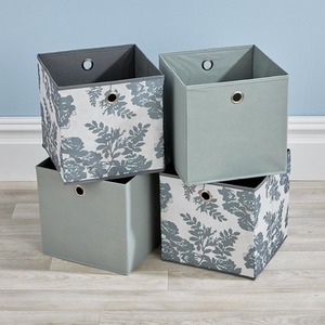 Grey Floral / Canvas Home Source Pack of 4 Cube Canvas Fabric Storage Insert Boxes shot 17033234