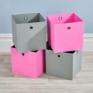 Pink & Grey / Canvas Home Source Pack of 4 Cube Canvas Fabric Storage Insert Boxes shot 17033364