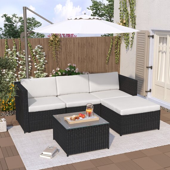 MCC Direct Rupert 4-Piece Rattan L-Shaped Garden Sofa Set - Black