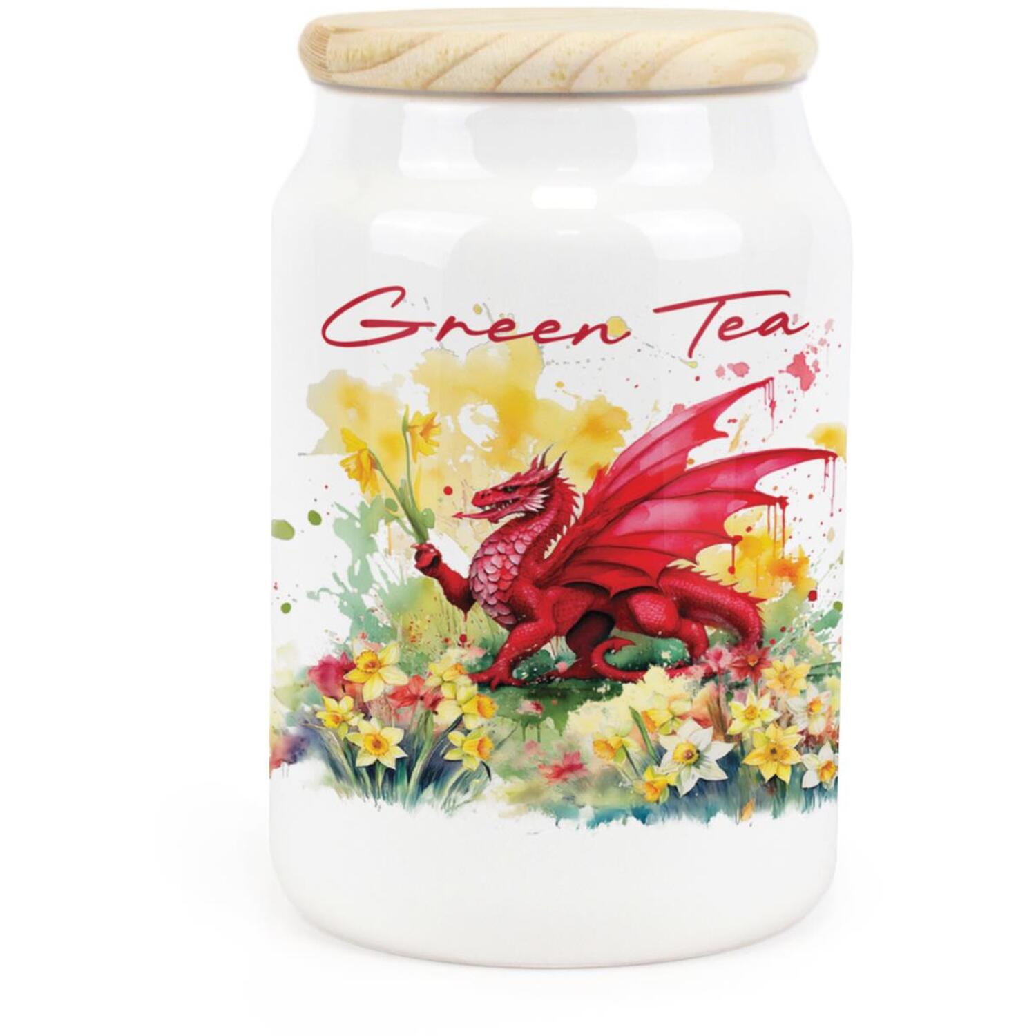 B&Q - Daffodils & Dragon Welsh Green Tea CanisterFloral Wales GiftsCeramic Storage Container & Wooden Lid 600Ml (14.5Cm X 9.5Cm) - Image 2