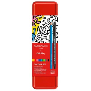 Keith Haring Special Edition 11-Piece Set - 10 Pencils & Brush Pen, Red Tin