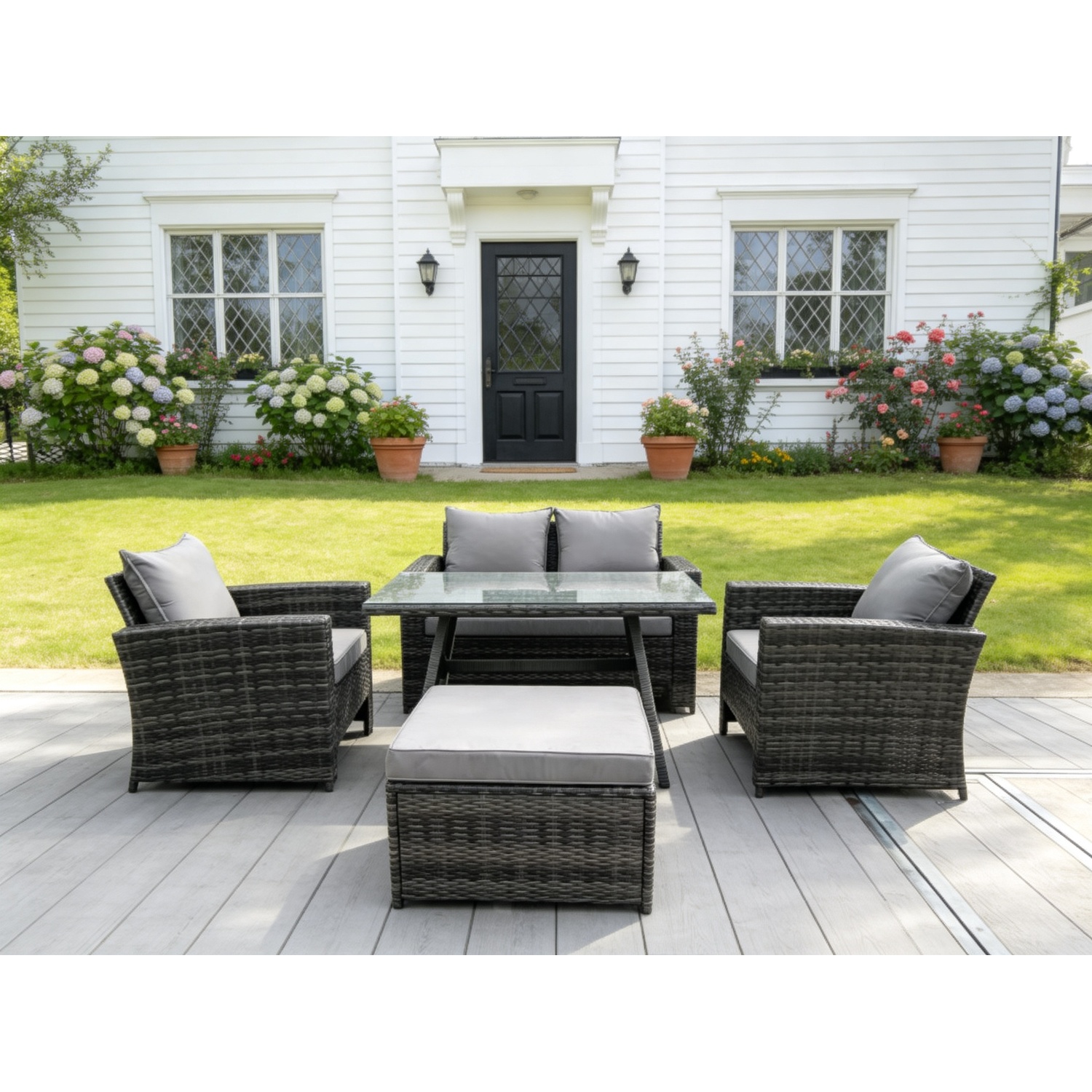 Fimous Dark/Grey 5 Seater Outdoor Mixed High Back Rattan Sofa Dining Table Set Garden Furniture Big Footstool - Image 2