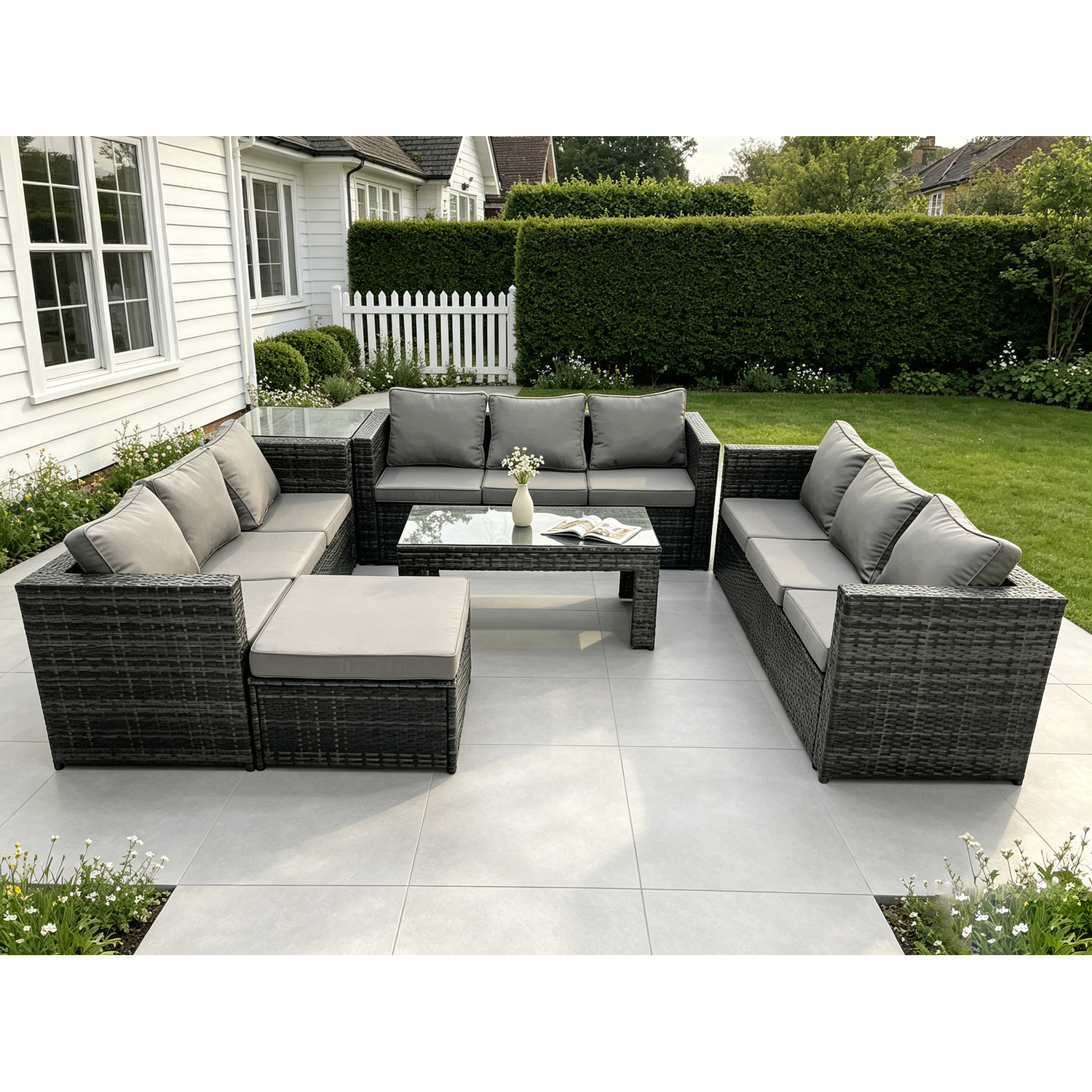 Fimous Unisex Dark Grey Rattan Garden Furniture Lounge Sofa Set With Oblong Rectagular Coffee Table Big Footstool In Size 3 - Image 2