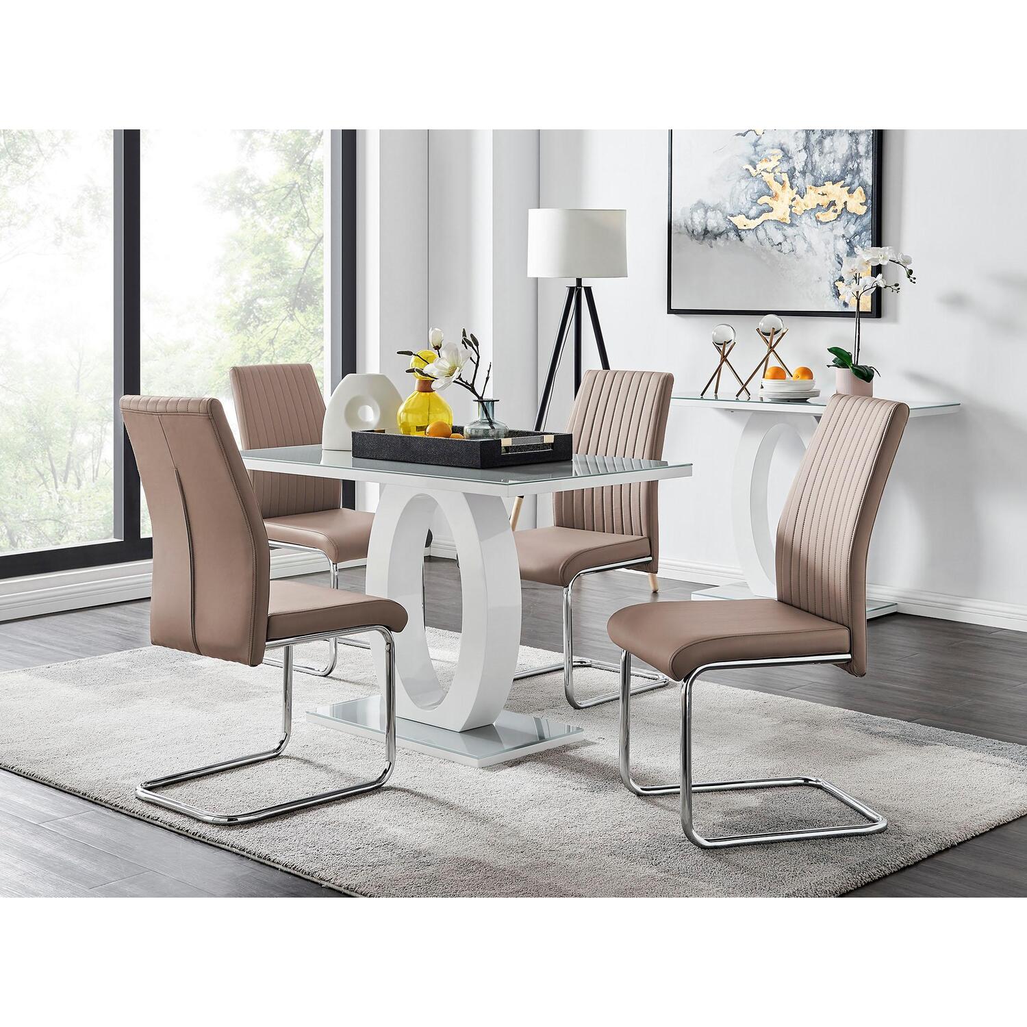 Furnitureboxuk Giovani Grey Glass Dining Table With Four Lorenzo Chair Set - Cappuccino