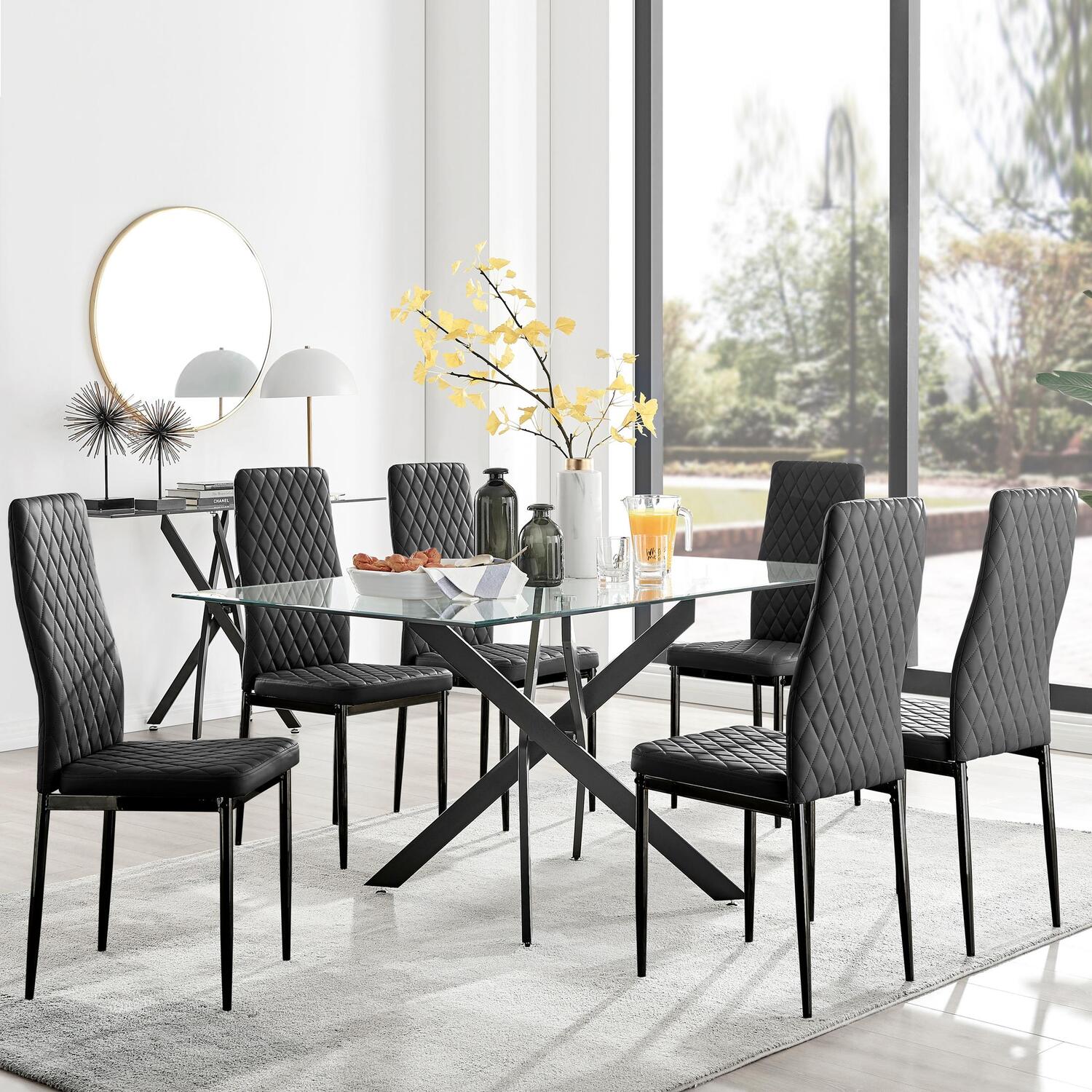 Furnitureboxuk Leonardo Black Leg Glass Dining Table 6 Milan Black Leg Chairs - Black