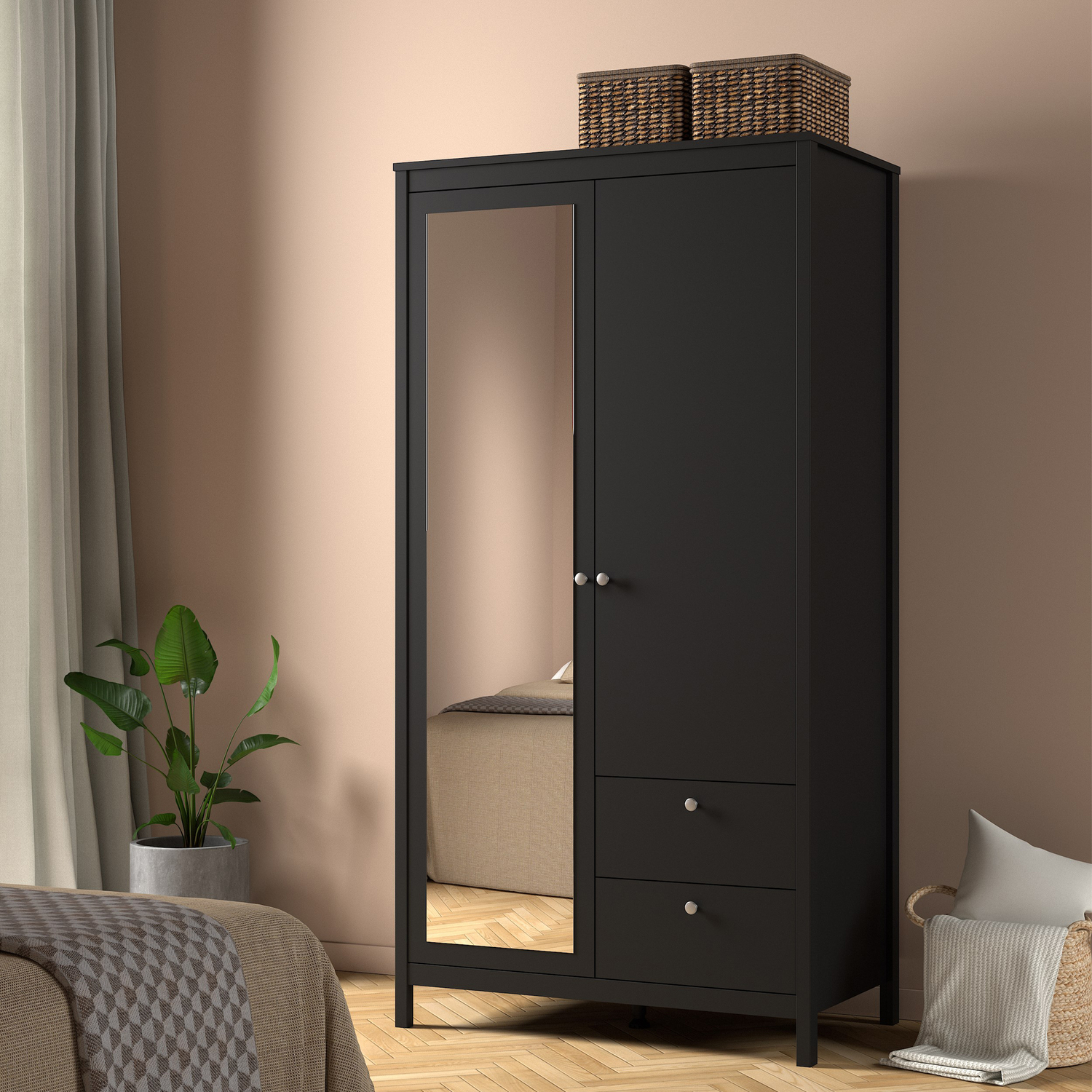 Furniture To Go Black Madrid Wardrobe With 1 Door + 1 Mirror Door + 2 Drawers Matt - Malemine - 1 - Image 3