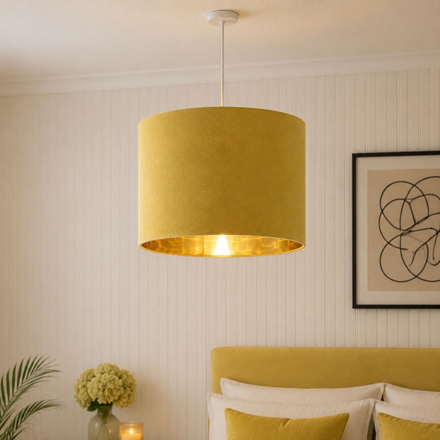 CGC Lighting Indoor Ceiling Lampshade Velvet Fabric Lamp Shade 30cm Diameter Gold Reflective Inner Drum Pendant Table Lamp Bedroom Dining Room Lounge (Mustard & Gold) - Image 2