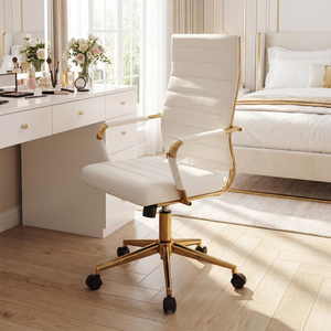 Costway White and Gold Ribbed Leather Swivel Office Chair with Wheels