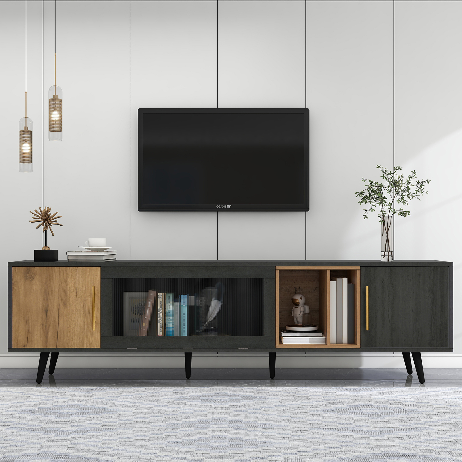 Aka Tv Stand With Pull-Down Glass Doors And Storage, Dark Wood - Grey
