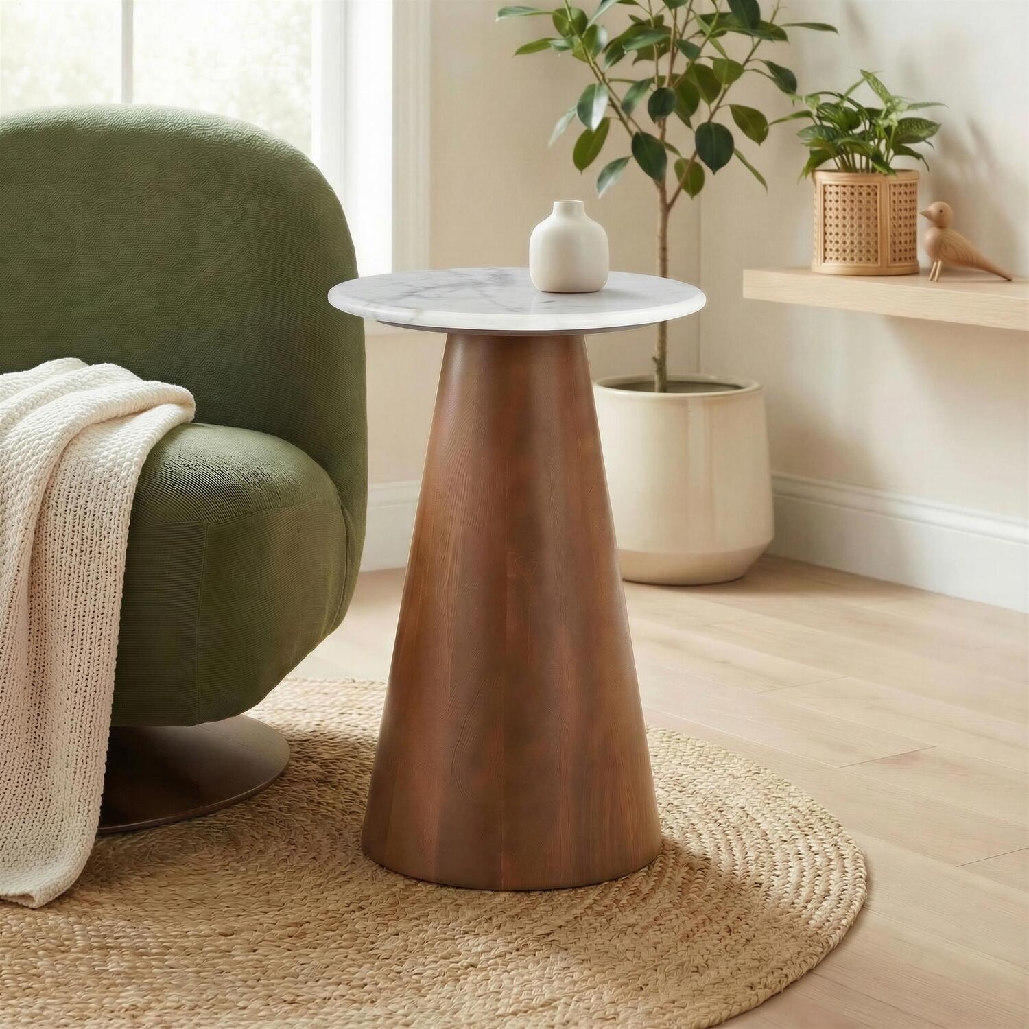 Furniturebox Uk Etna Round Wood & Marble Side Table - Walnut
