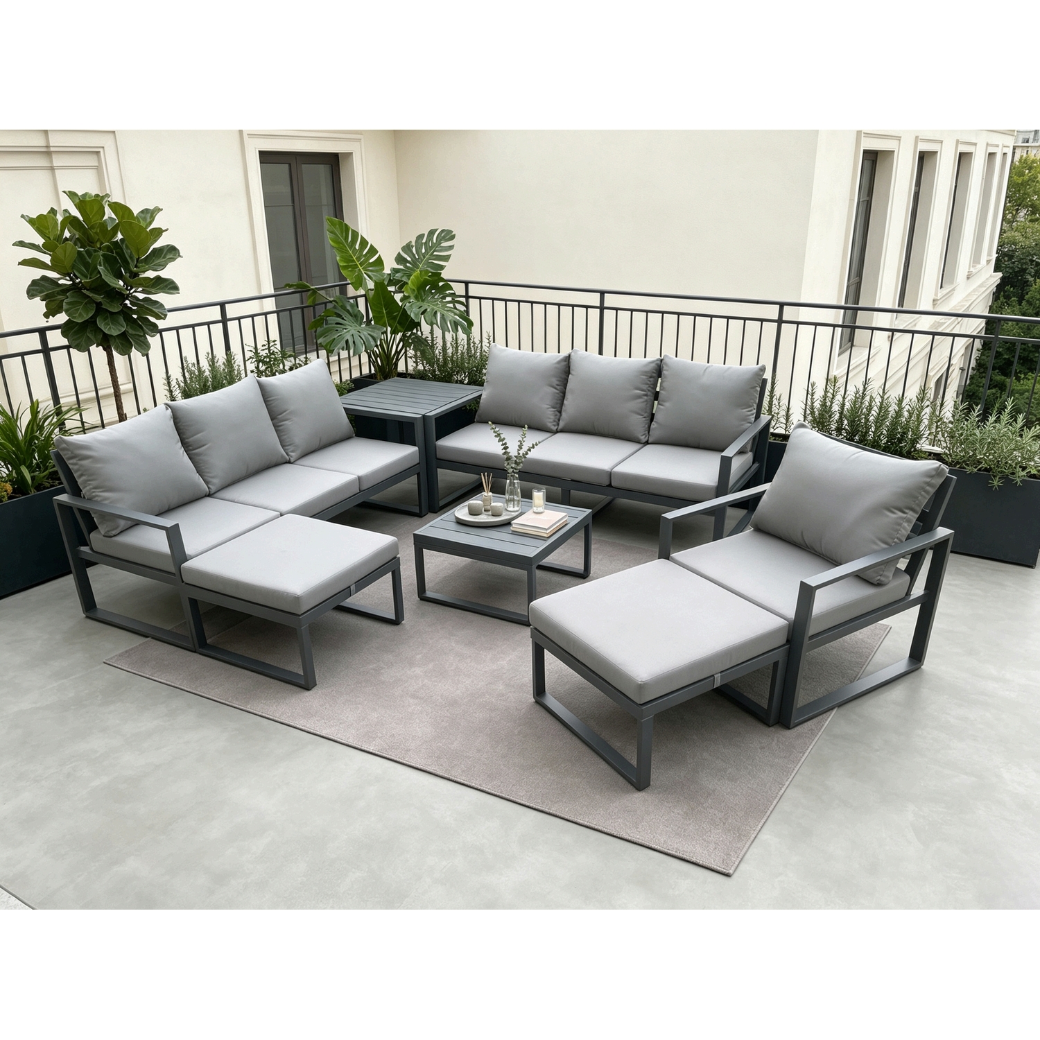 B&Q - Aluminium Outdoor Lounge Sofa Set Garden Furniture Sets With Square Coffee Table Chair 2 Big Footstools Side Table - Image 2