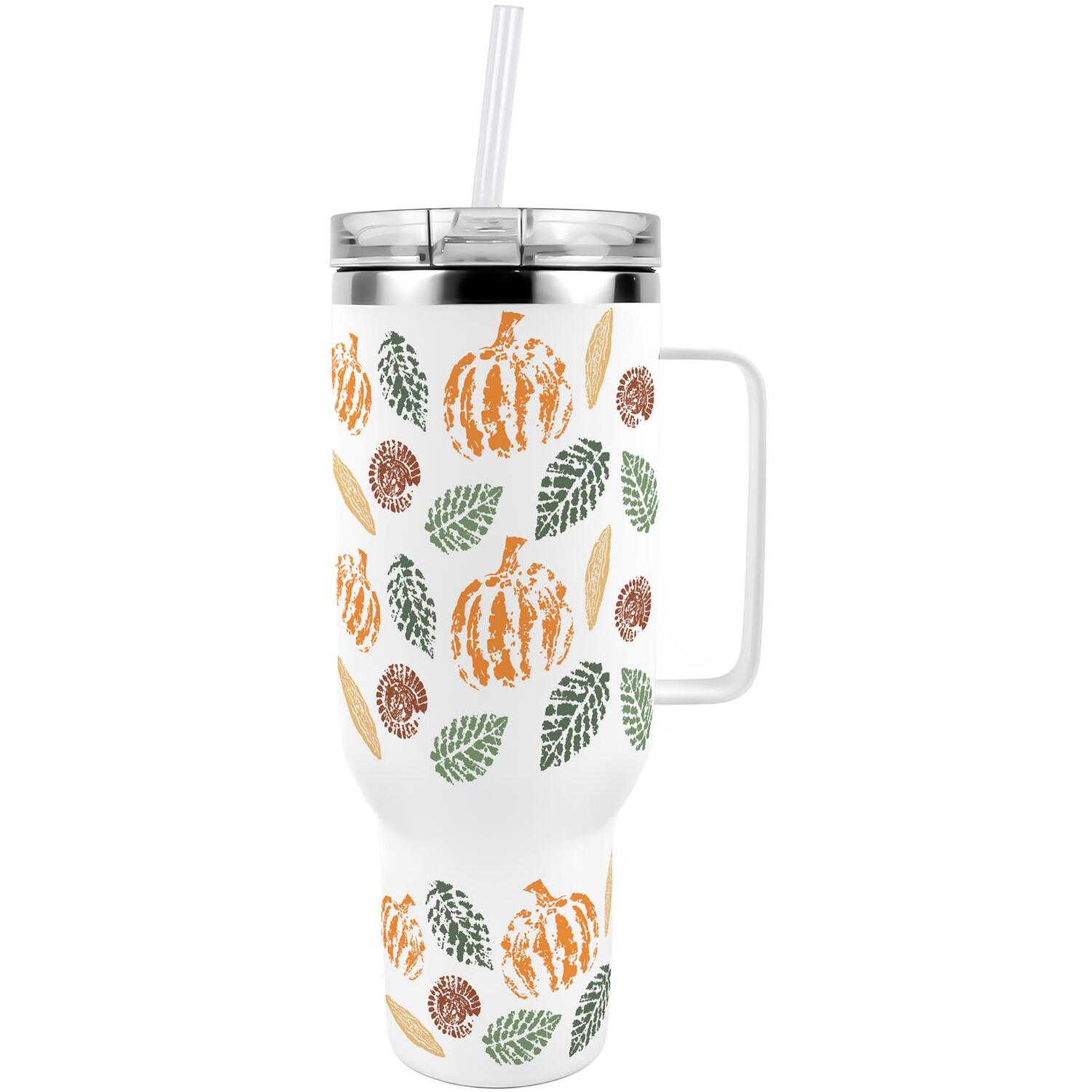 B&Q -  Autumn Pumpkins 40Oz Stainless Steel Extra-Large Travel Cup With Straw And Lid - Image 3