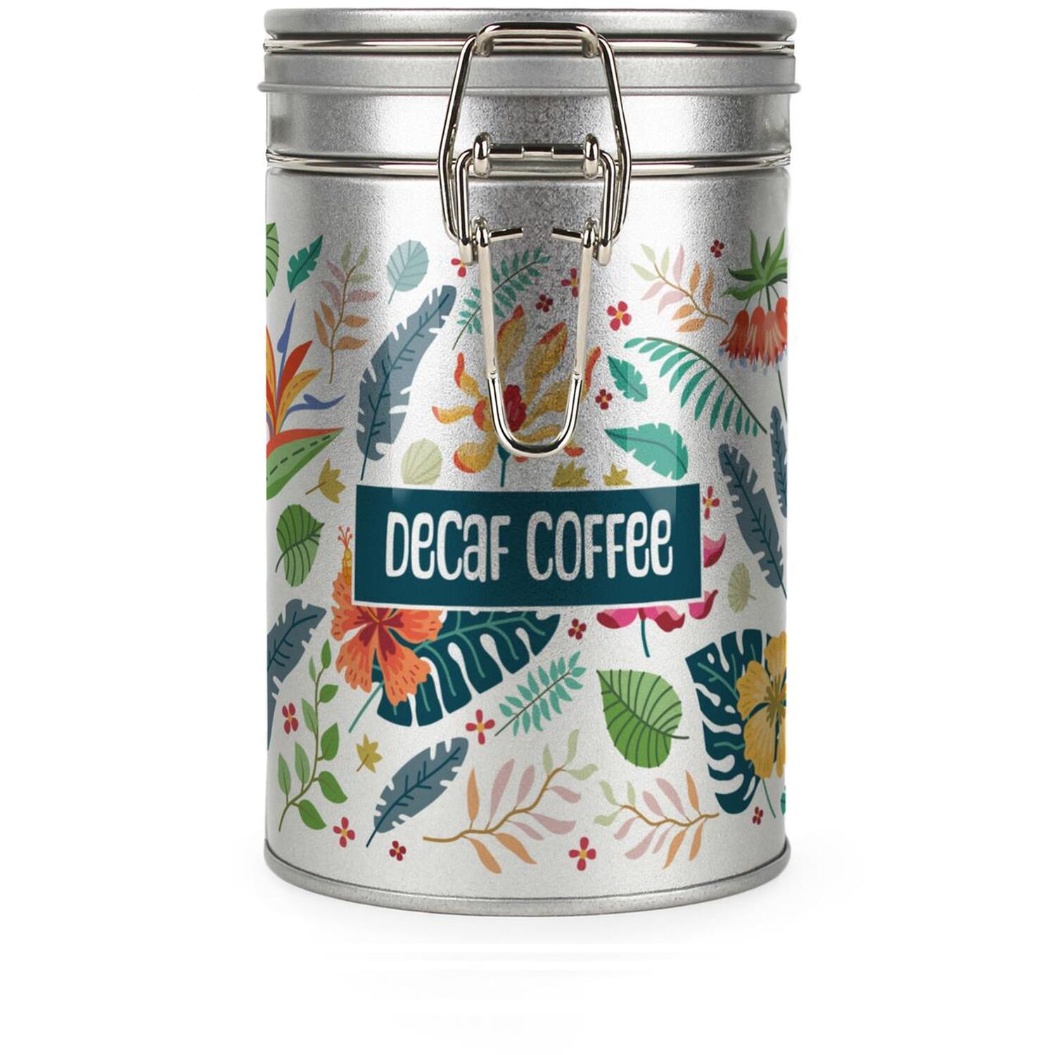 B&Q -  Tropical Flowers Decaf Coffee CanisterSilver Metal Kitchen Storage Container - Image 3