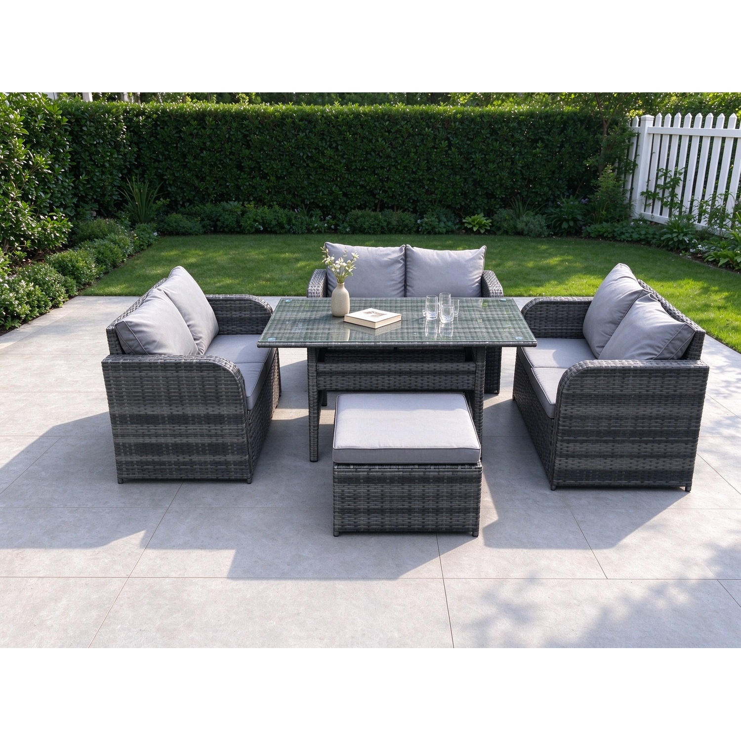 Rackhams Dark/Grey Wicker Pe Rattan Sofa Outdoor Garden Furniture Set With Rectangular Dining Table Big Footstool Mixed - Image 2