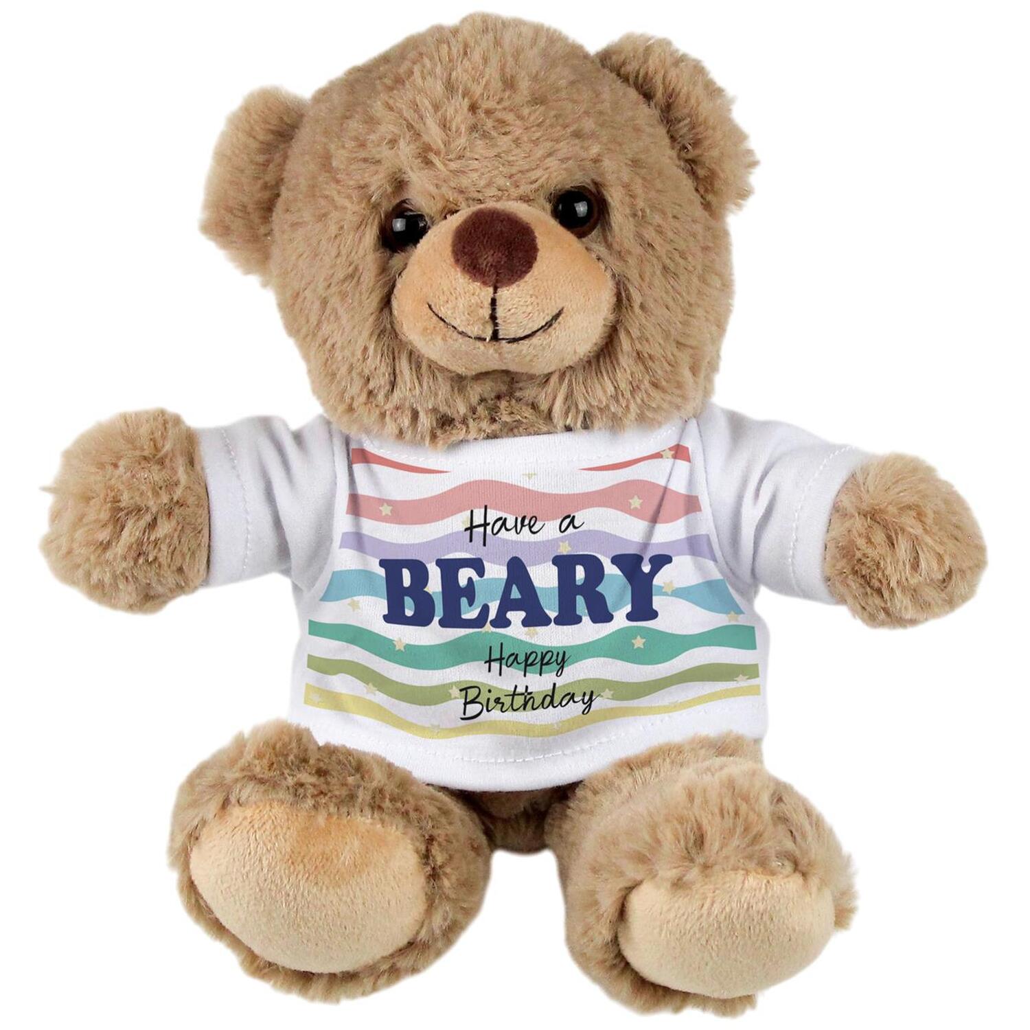 Purely Home Beary Happy Birthday Teddy Bear With T-Shirt - Light Brown