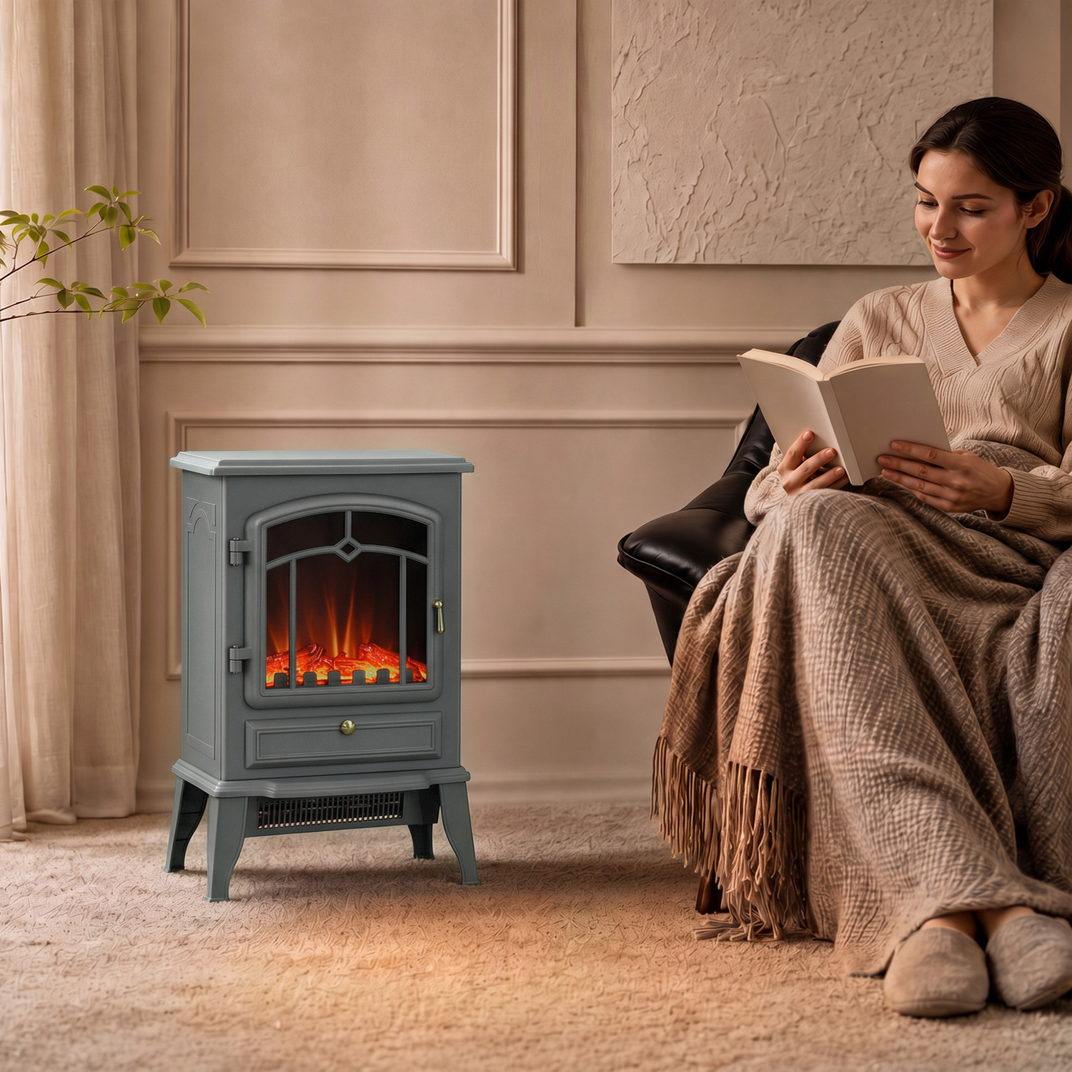 Homcom Unisex Grey Fireplace Stove, Freestanding Electric Fire, 1000W/2000W, Medium - Image 6