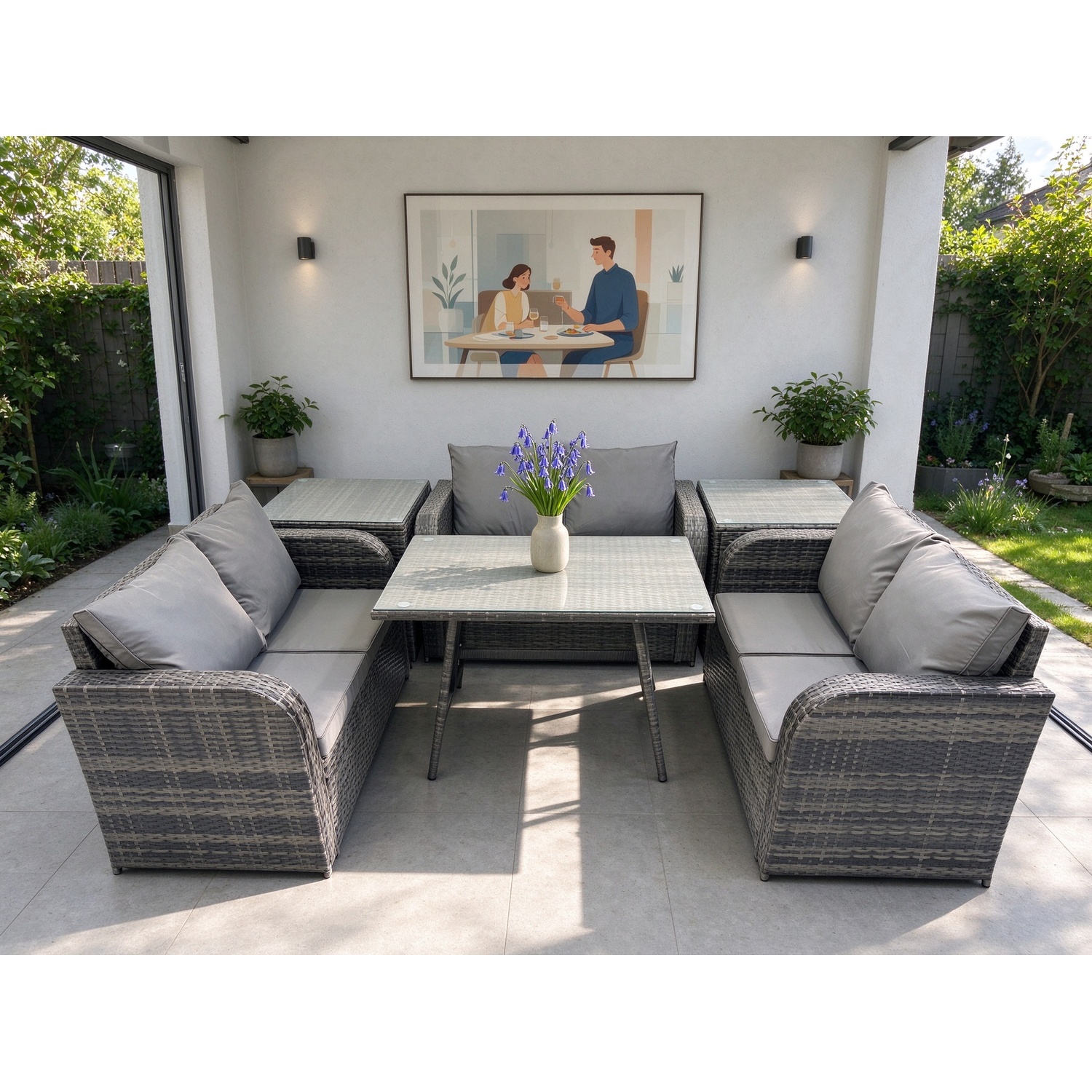 Fimous Dark/Grey Rattan Garden Furniture Set 6 Seater Patio Outdoor Love Sofa Set With Rectangular Dining Table 2 Side Tables Mixed - Image 2