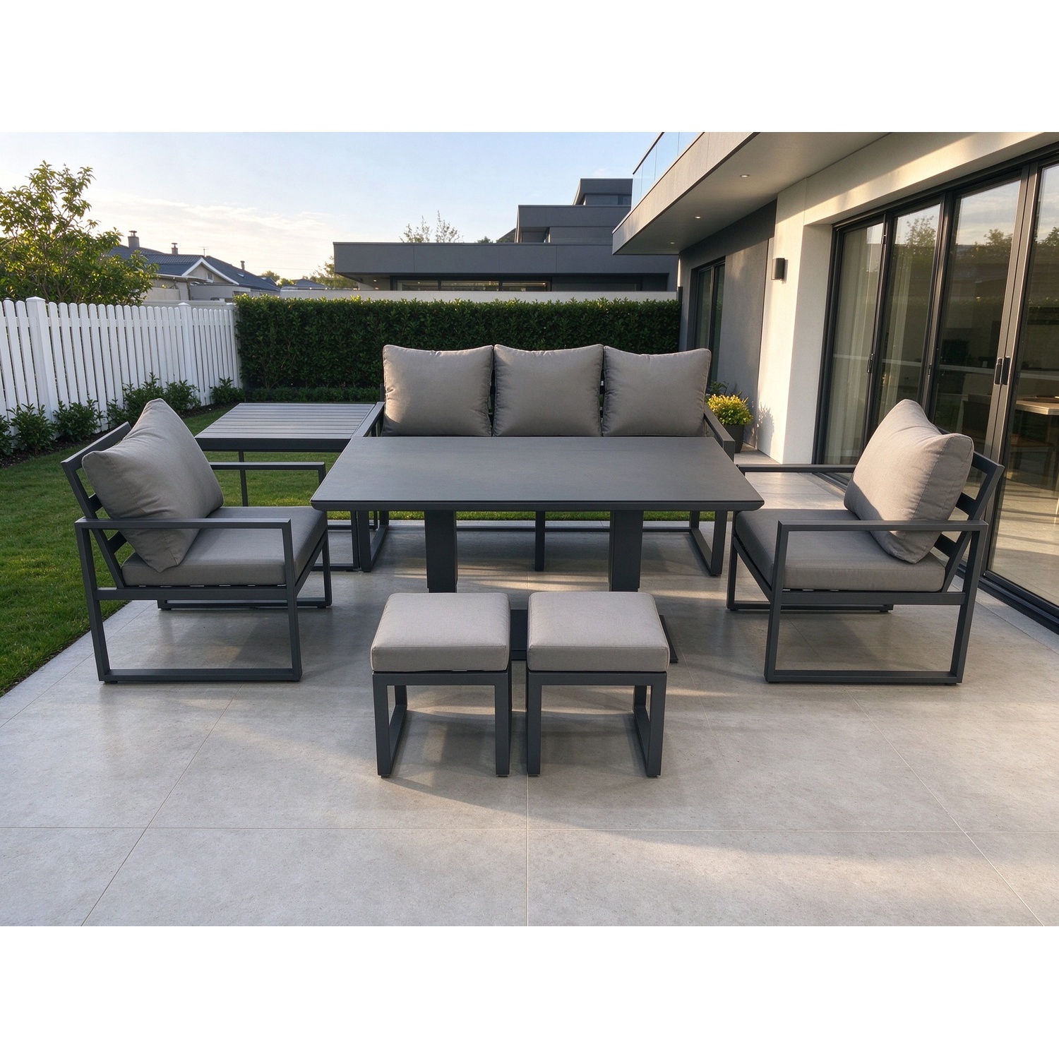 Fimous Outdoor Aluminium Garden Furniture Set With Adjustable Rising Lifting Dining Table 2 Chair 2 Small Footstools Side Table Dark Grey - Image 3