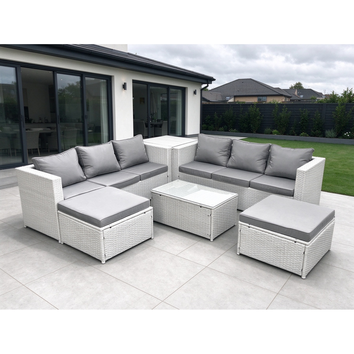 Fimous Unisex Light Grey Garden Outdoor Pe Rattan Furniture Set Seater Rattan Garden Sofa Set With 2 Big Footstools Side Table Mixed Size 8 - Image 2
