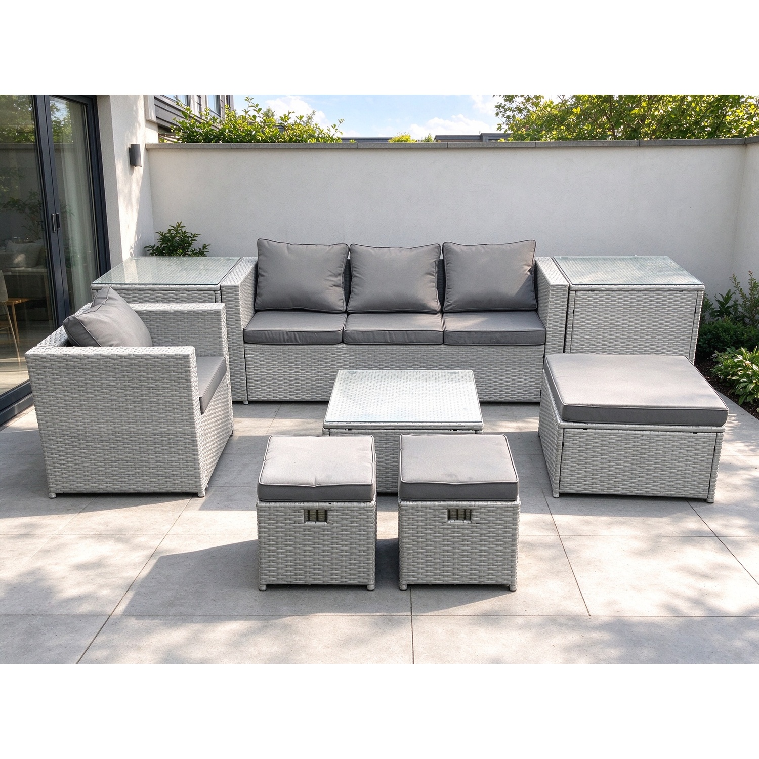 Fimous Garden Outdoor Furniture Set 7 Seater Rattan Sofa Set With 3 Footstools Armchair 2 Side Tables Light Grey Mixed - Image 3