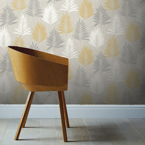Linen Palm Ochre and Grey Wallpaper