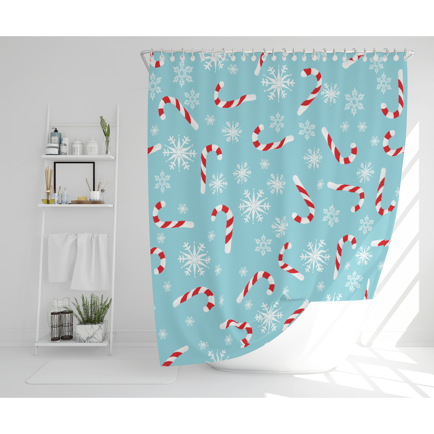 Snowflake Candy Cane Pattern Print Bathroom Shower Curtain