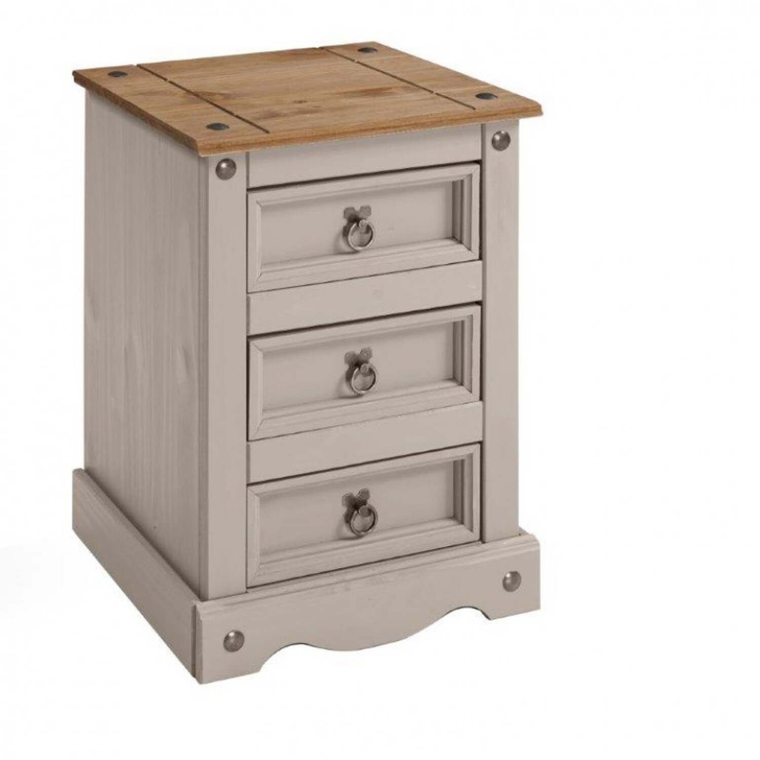 Corona Medium 3 Drawer Bedside Cabinet Solid Wood Pine Wooden - Grey