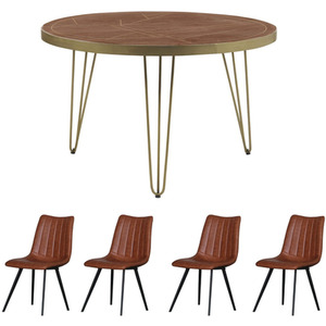 Dallas Dark Mango Solid Wood Round Dining Table 4 Seats Set With 4 Chairs