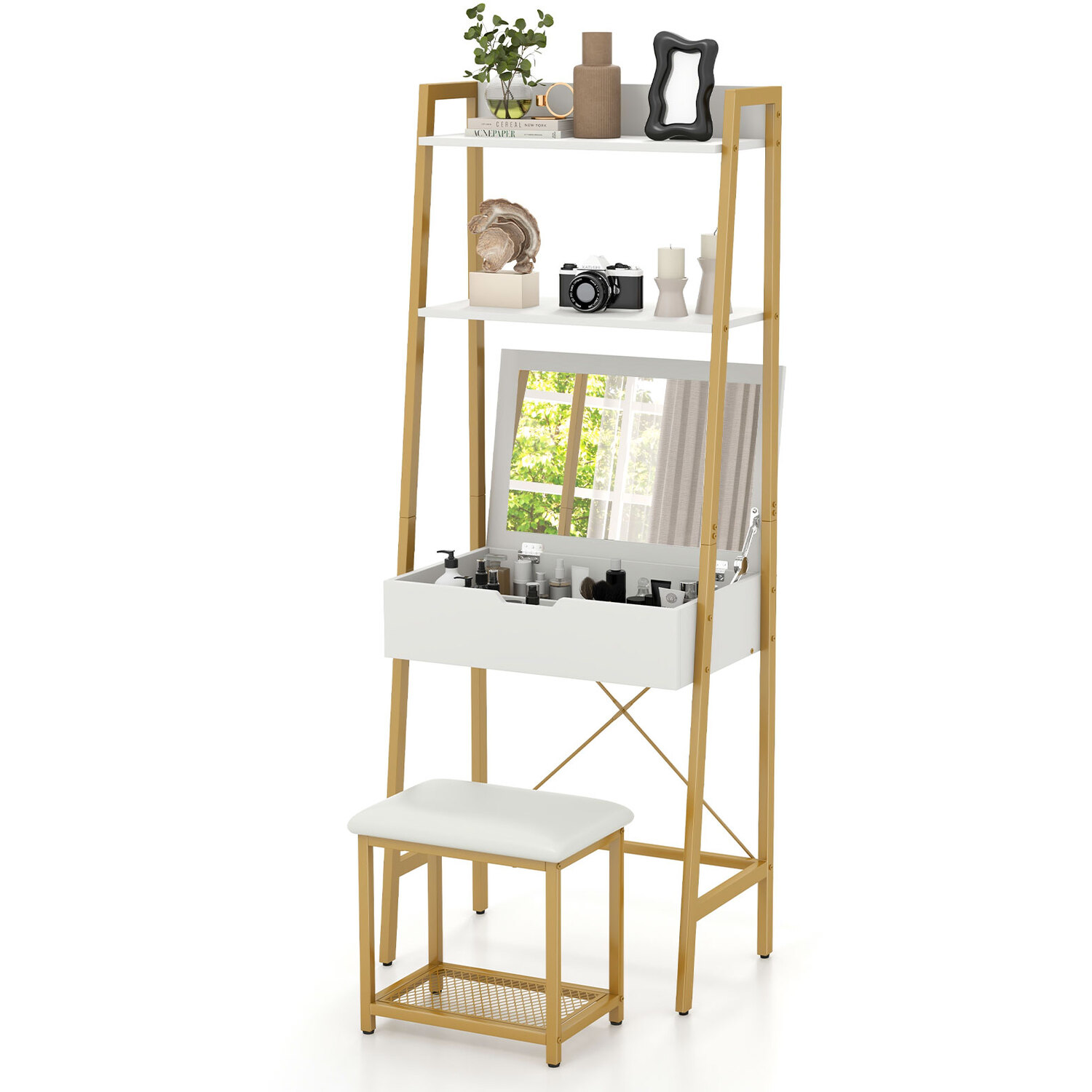 3-in-1 Vanity Table Set With Mirror - Gold