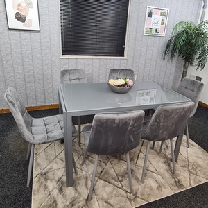 Glass Dining Table and 6 Grey Velvet Chairs Dining Set