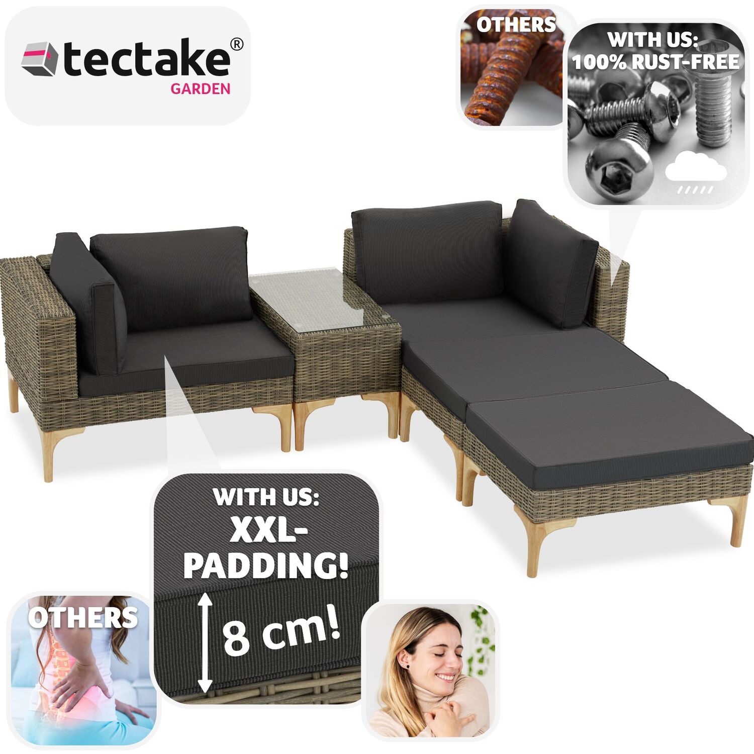 Rattan Lounge Set Bellaria 2 Chairs 2 Stools 1 Side Table - Brown