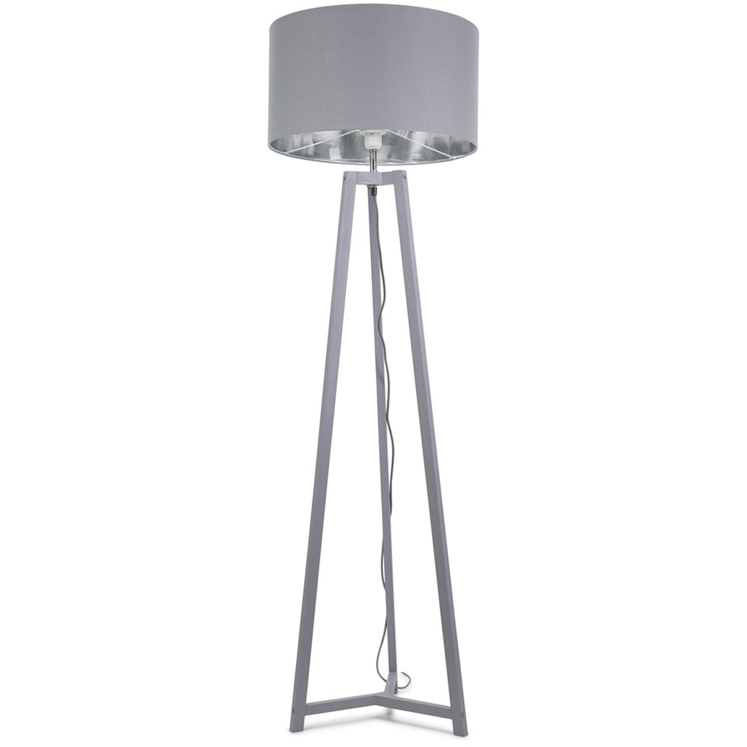 Lottie Grey Wood Floor Lamp GreyChrome Drum Shade - LED Bulb Included - Silver