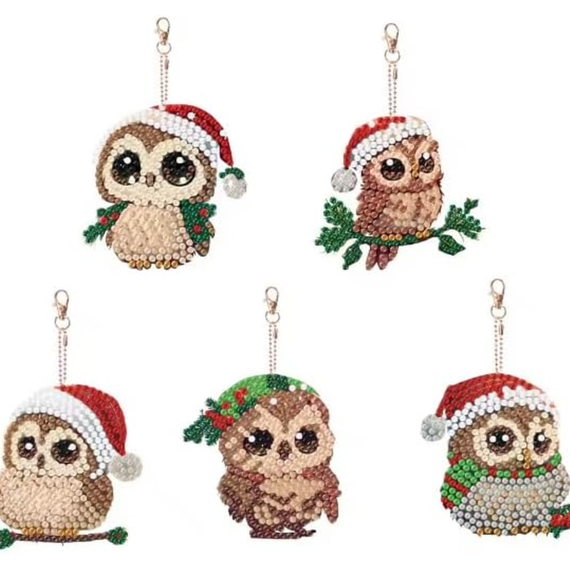 Pack of 5 Christmas Owl Diamond Art Keyrings