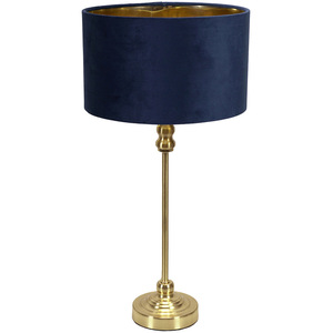 Maggie Gold Candlestick Table Lamp Navy Blue Velvet Gold Inner Shade and Bulb