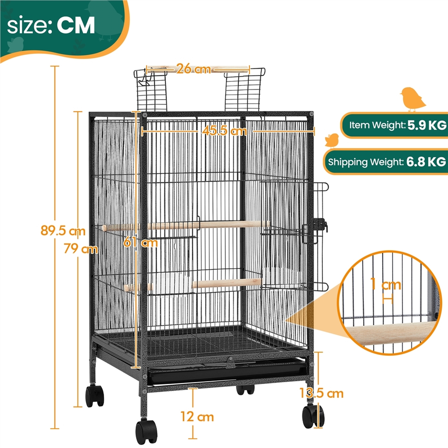View of Open Top Parrot Cage with Rolling Wheels